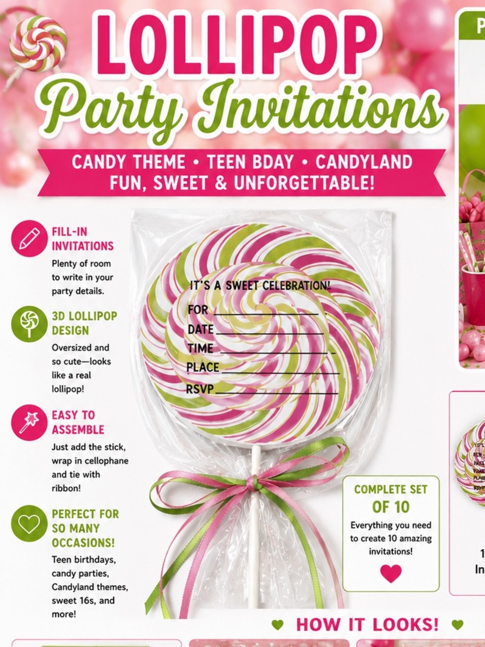 Pink & Green Lollipop Party Invitations 🍭 Teen Candy Birthday – Pack of 10
